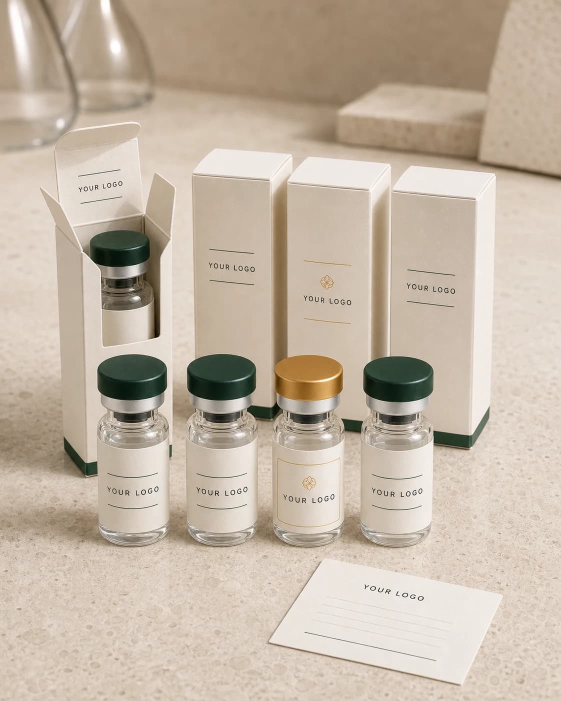 Premium white-label research vials presented beside coordinated retail cartons with precise packaging details