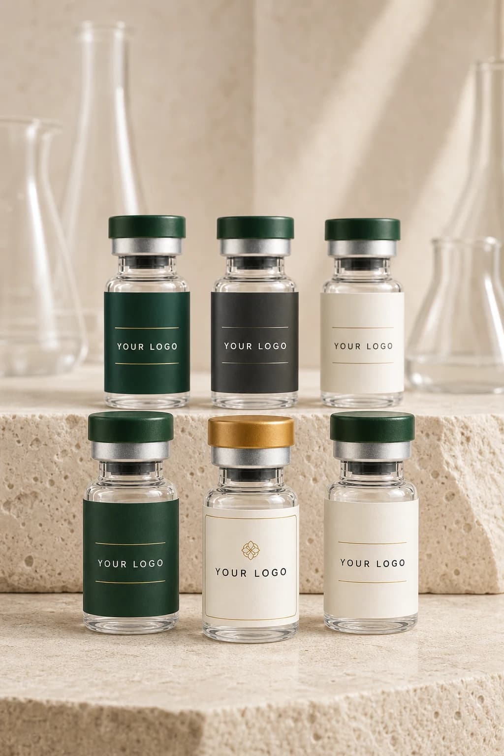 Six YOUR LOGO white-label vials presented as a coordinated green, charcoal, ivory, and gold brand family