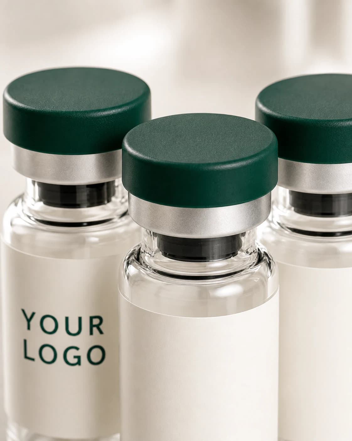 Close view of matching forest-green vial caps and premium glass finishing