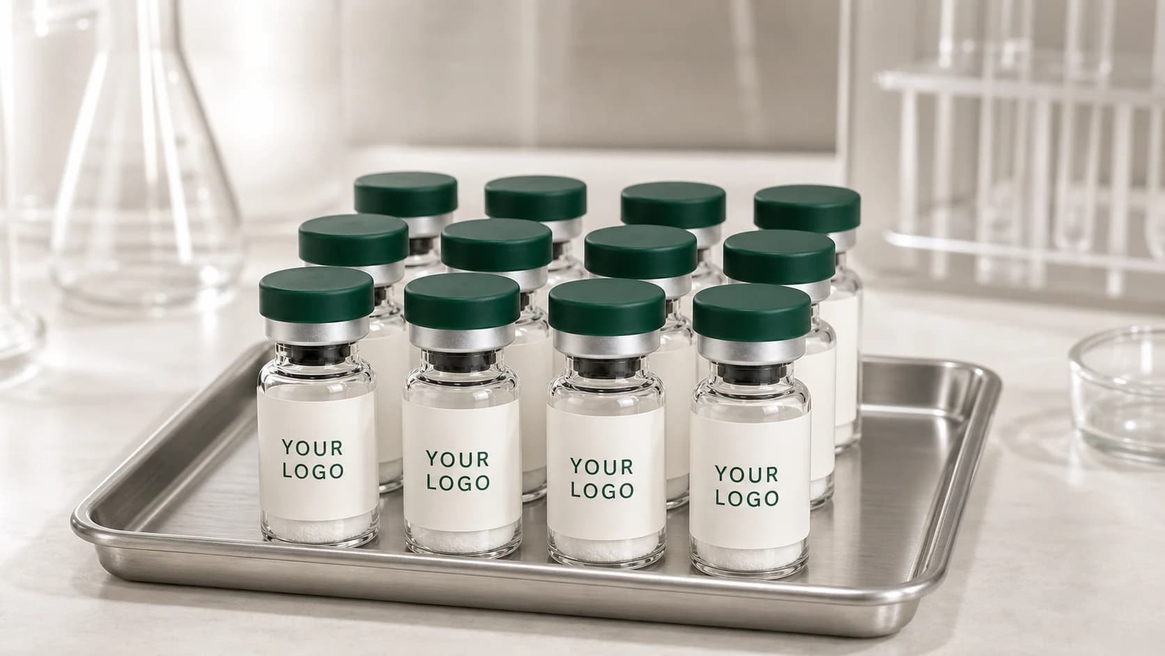 Twelve forest-green capped research vials arranged on an inspection tray for a premium production run